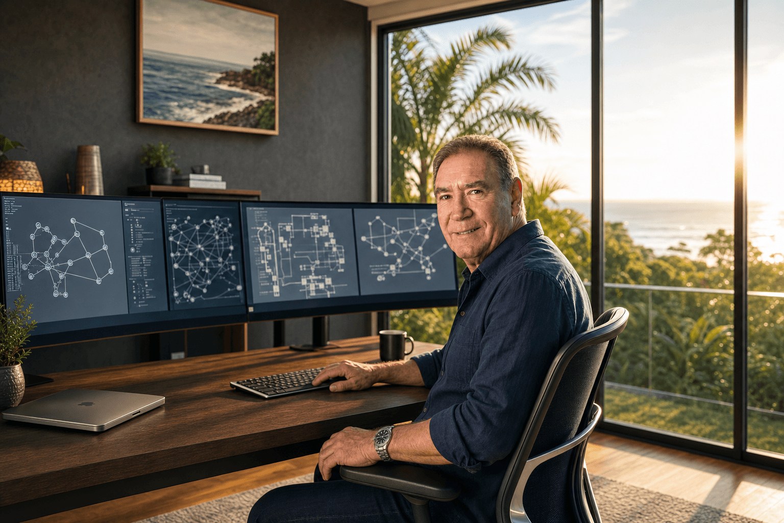 A mature business architect directing AI-assisted workstreams in a calm studio.